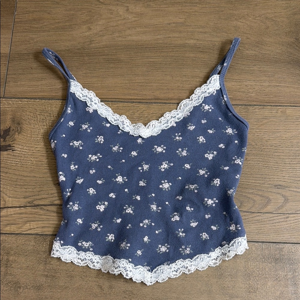 Floral Lace Trim Blue Tank Top